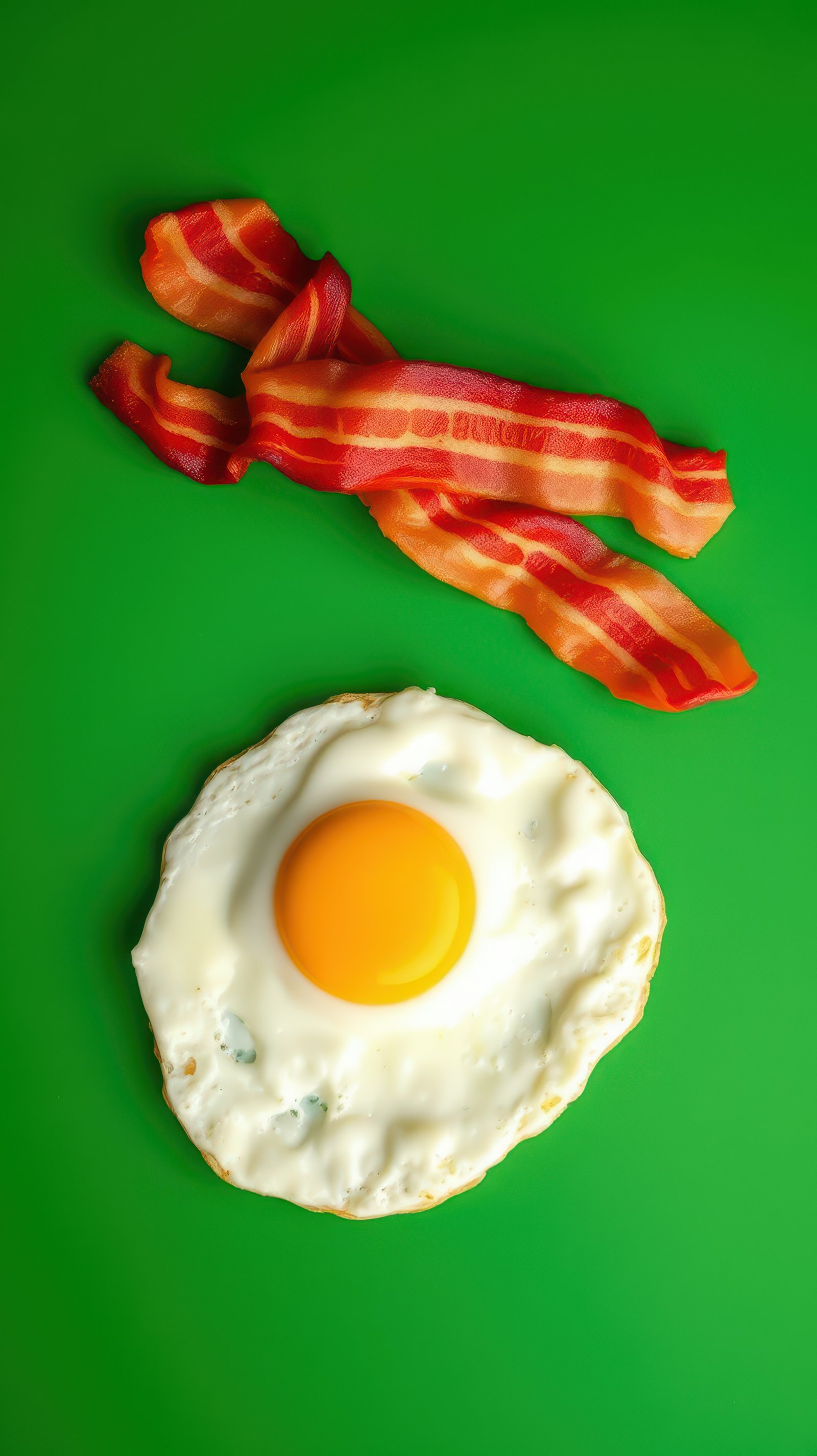 Fried egg with sunny side up yolk alongside crispy bacon strips on a vibrant green background